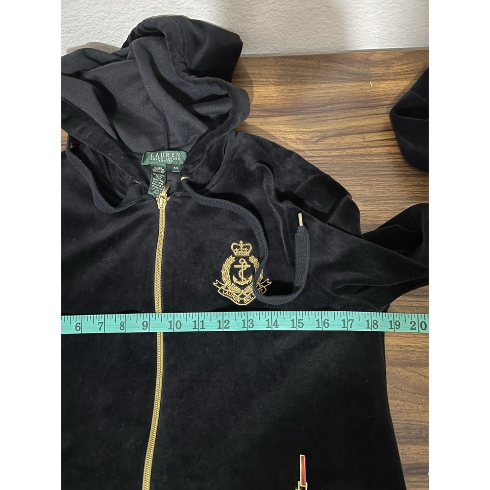 Vintage Lauren Ralph Lauen Velvet Hoodie Crest Black Jacket P/M cottonblend - Picture 10 of 14